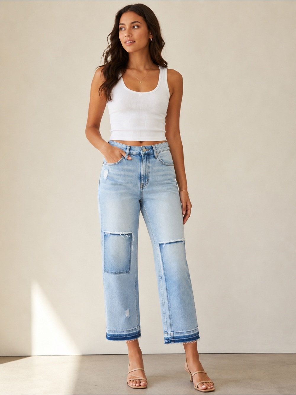 Risen Light Blue Patch-Detail Women's Jeans High Rise Crop Straight Size 5 27w
